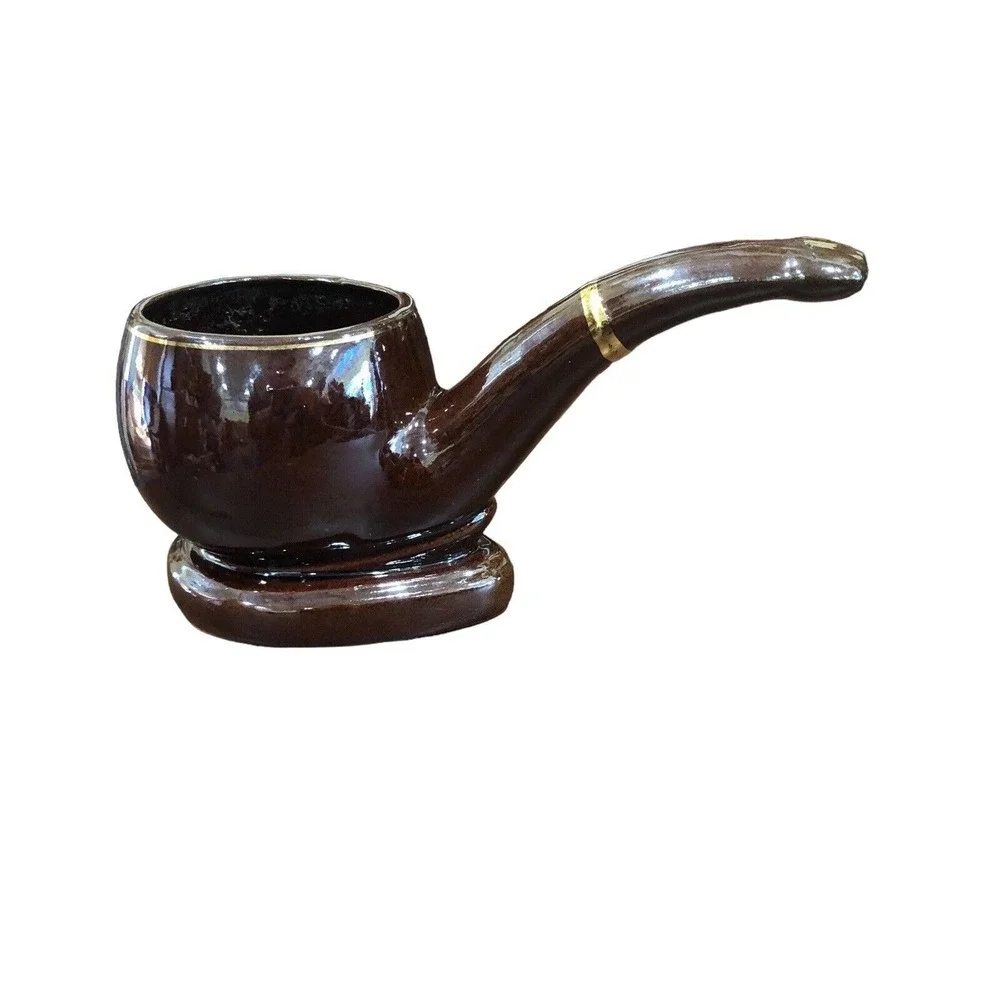 Ceramics Large Pipe Brown Glaze Oversized Pipe Sculpture Ashtray Planter MCM
